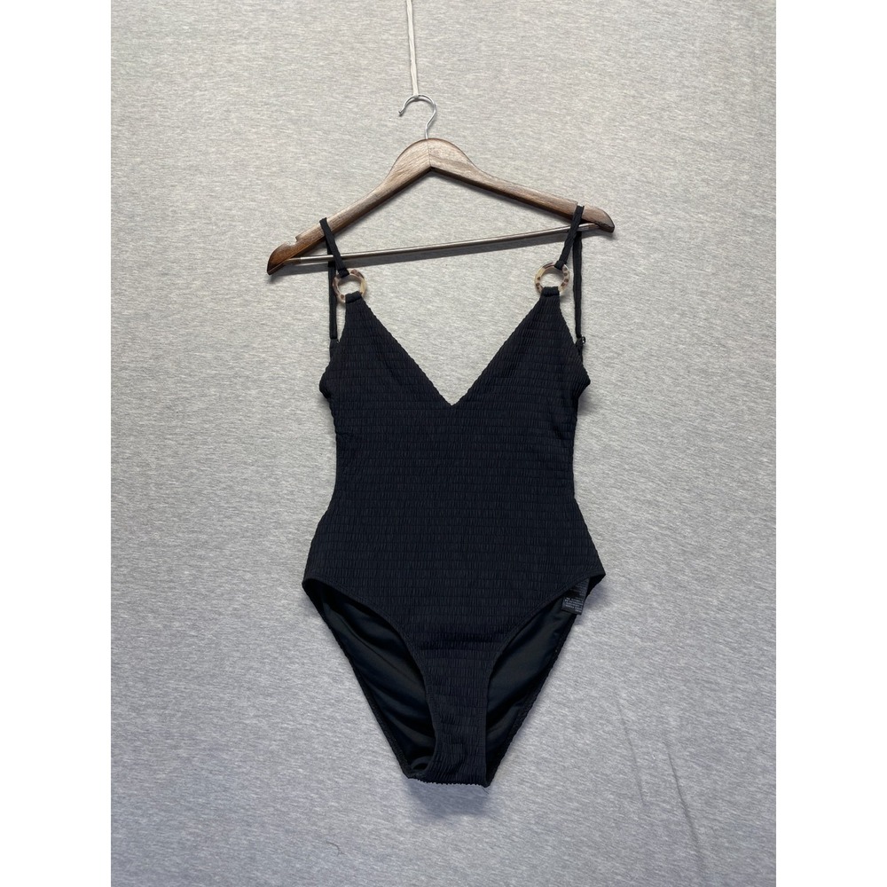 Topshop One Piece Swimsuit Womens Size 8 Black Ruched Bond-eye Elena Ring Straps